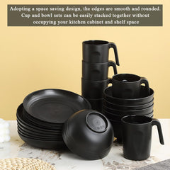 Berglander Service de table 24 pièces en plastique noir pour 6 assiettes et bols réutilisables comprenant des assiettes plates, des assiettes à dessert, des bols à céréales et des tasses pour la maison, le jardin et les pique-niques
