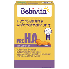 PRE HA (5 x 500g), formulă de lapte praf hidrolizată de la naștere, conține doar lactoză ca și carbohidrat, potrivită pentru alimentație suplimentară