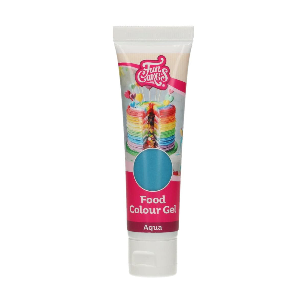 Funcakes Food Color Gel Aqua : Colorant alimentaire hautement concentré pour pâte, crème, fondant et pâte d'amande. Dosage facile. Une seule goutte pour créer des couleurs vibrantes. Halal. 30g.