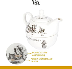 Ensemble théière et tasse Alice au pays des merveilles pour 1 personne dans un coffret cadeau, service à thé en porcelaine fine, blanc, 250 ml