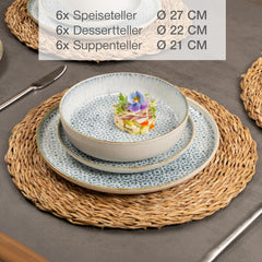 Moritz & Moritz ALHAMBRA Service de table pour 6 personnes, 18 pièces, porcelaine de haute qualité – Vaisselle bleue moderne – Service facile d'entretien comprenant 6 assiettes plates, 6 assiettes à dessert et 6 bols