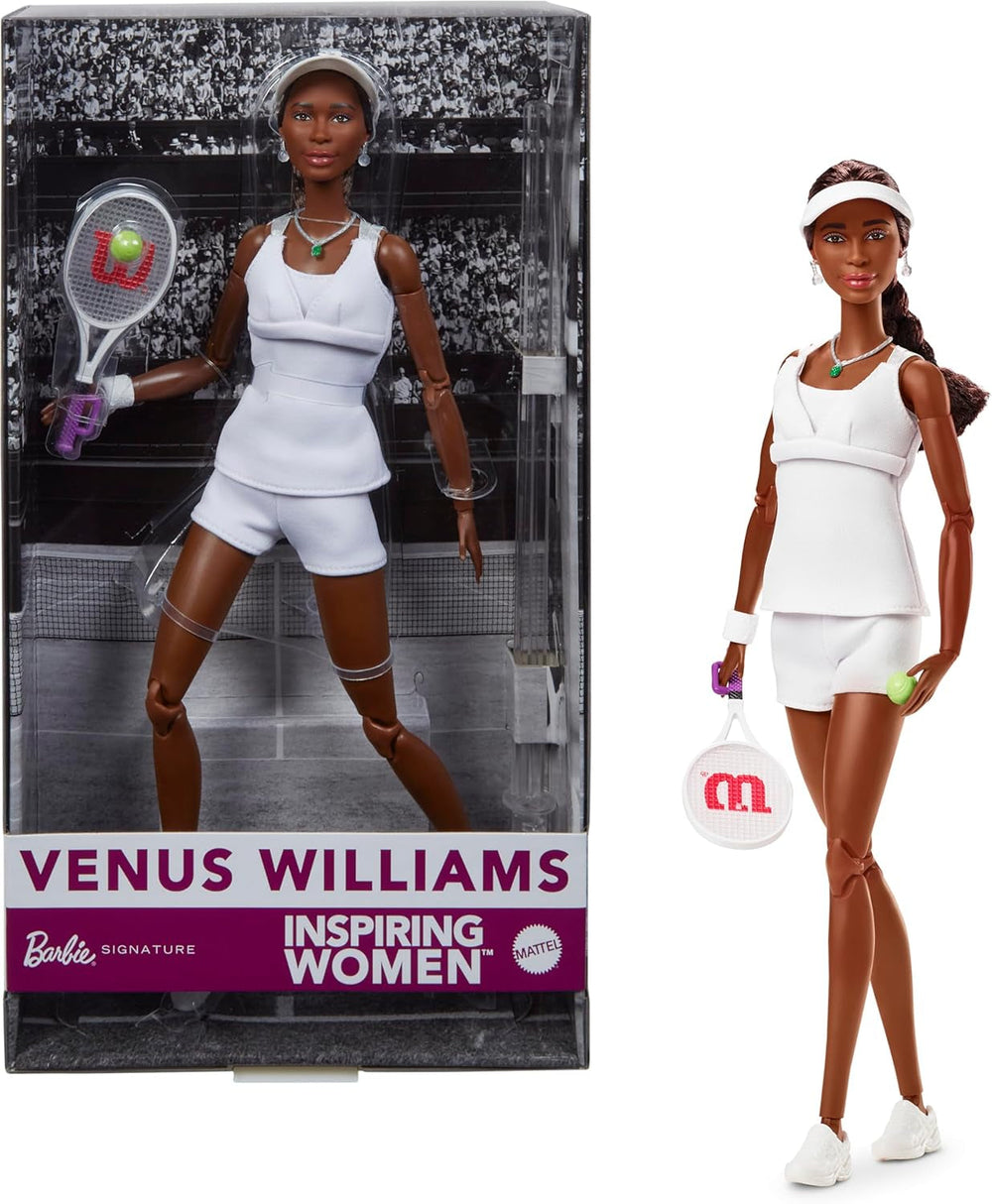 Barbie Inspiring Women Series, Venus Williams Modepuppe mit charakteristischer Tennis-Uniform und Schläger, inklusive ausstellbarer Verpackung, HRM49