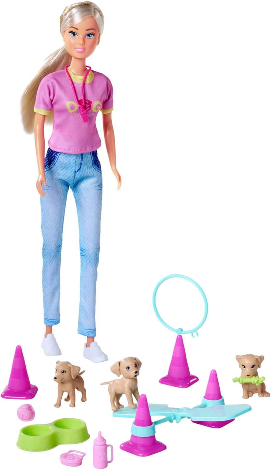 Simba Steffi Love Dog Trainer, poupée jouet comme dresseur de chiens avec cours de dressage, 3 chiens et accessoires, 29 cm, à partir de 3 ans
