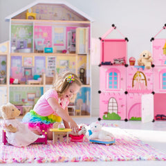 Raft modular Relaxdays pentru camere de copii, design castel prințesă, plastic, dulap DIY cu uși, HL: 128 x 110 x 37 cm, roz