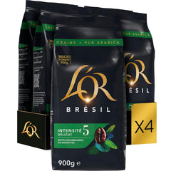 L'OR, Kaffeebohnen, 100% Arabica, Brésilien, Intensité 5 Röstung, 900 g x 4