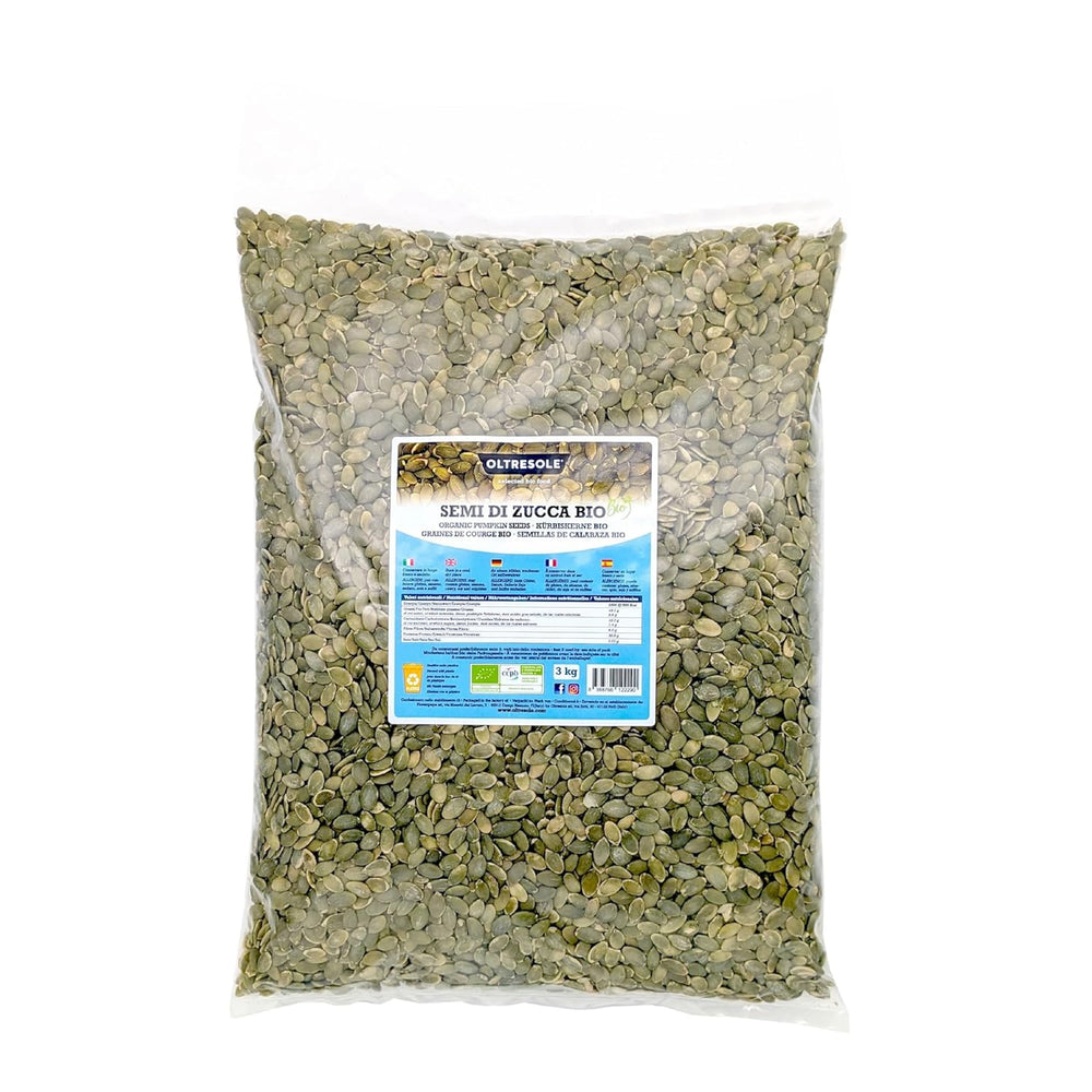 Graines de citrouille décortiquées biologiques 3 kg, graines biologiques crues, grasses, non torréfiées et non salées, idéales comme collation ou salade, format pratique