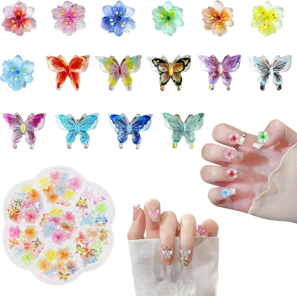 YICH Nail Charms Nägel Charms 50Pcs Fleurs 3D + 50Pcs 3D Schmetterling, Summer Nägel Deko Set Schmetterling/Fleurs Nail Art Nailart