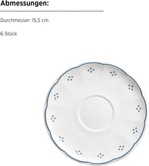 Mäser Lova Series Service à café en porcelaine 18 pièces – 6 assiettes à dessert (19,5 cm), 6 tasses (19 cl) et 6 soucoupes (15,5 cm), Bleu