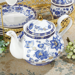 Fanquare – service à thé en porcelaine à fleurs bleues, avec support en métal, tasse à café et soucoupe en porcelaine Vintage, service à café anglais pour adultes