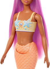 Poupée Barbie sirène avec cheveux et bandeau roses fantaisie, poupée tête d'étoile de mer et nageoire queue orange douce, HRR05