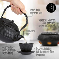 Service à thé Lumaland 8 pièces | Théière en fonte Tetsubin de 1,4 litre | Chauffage en fonte | 2 tasses à thé et 2 soucoupes | Service à thé japonais comprenant une cuillère doseuse en bambou et un infuseur en acier inoxydable