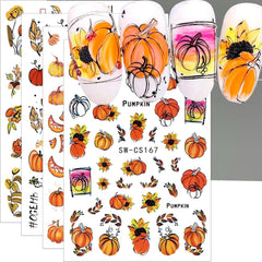 Autocollants pour ongles d'automne 3D, feuilles de citrouille, lignes géométriques, fleurs, autocollants pour ongles, Design du jour de Thanksgiving, autocollants pour ongles d'automne, accessoires pour ongles, Nail Art