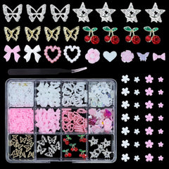 3D Anhänger Mit Schmetterlings Kirschstern Nagel Edelsteinen Mit Pinzette, Schleifen, Herz, Blume, Nagel Strassanhänger Für Maniküre, DIY-Bastelzubehör