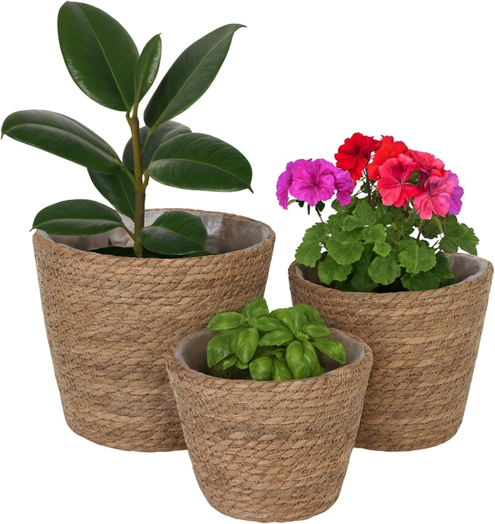 Relaxdays Pots de Fleurs, Lot de 3, Roseau, Pots de Plantes avec Film, 3 Tailles, Style Boho, Pots Ronds, Naturel