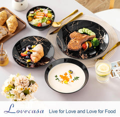 LOVECASA Ensemble de vaisselle en porcelaine série Daphné SWEET Ensemble combiné de 24 pièces Assiettes à dîner design doré Assiettes à dessert Bols à céréales et assiettes à dîner pour 6 personnes