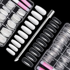 200 pcs Faux Ongles Conseils 10 Tailles Acrylique Ongles Artificiels avec Poussoir à Cuticules et Boîte Transparente pour Femmes et Filles (Naturel et Transparent)