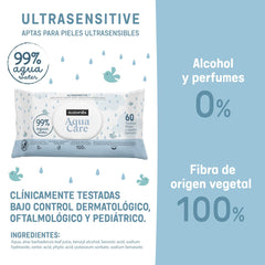 Șervețele umede Suavinex Aqua Care pentru bebeluși, 60 de unități, șervețele demachiante 99% apă, fibre de origine vegetală, cu aloe vera, fără parfum și alcool, testate dermatologic, potrivite pentru pielea sensibilă