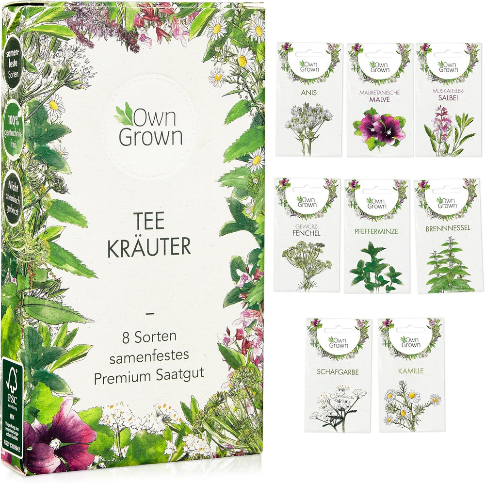 Ensemble de graines de thé : 8 variétés de graines pour balcon et jardin - menthe, camomille, anis, ortie, mauve - graines de plantes - thé - boîte à thé - plantes OwnGrown
