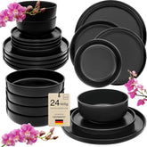 SÄNGER Madeira | Set de veselă combinat cu 24 de piese, set de veselă din gresie pentru 6 persoane, 6 farfurii de cină, 6 farfurii de mic dejun, 6 farfurii de sumă, 6 boluri pentru paste, set de veselă și bol, negru mat | COLECȚIA VALUE