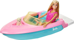 Barbie Speedboat Set, poupée Barbie aux cheveux blonds, gilet de sauvetage rose, bateau, chiot, accessoires, cadeaux pour 3+, Grg30 Naty Shop Dolls