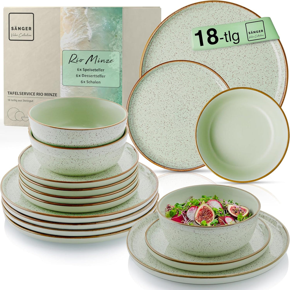 SÄNGER Rio Menthe | Service de table en grès pour 6 personnes, 6 assiettes, 6 assiettes à dessert, 6 bols, vert menthe | LA COLLECTION VALEUR