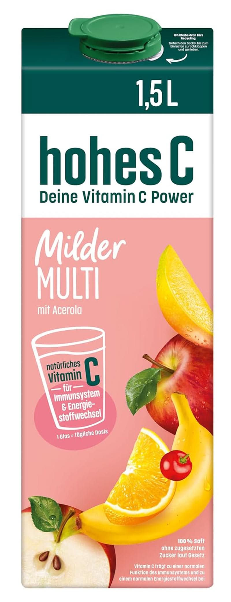High C Mild Multivitamin (1 X 1,5L), 100% jus, pomme, orange, acérola, mangue, 7 vitamines, Sans sucre ajouté selon la loi, Moins d'acide, Boissons végétaliennes sans alcool Naty Shop