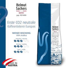 Helmut Sachers Kaffee - Wiener Mischung, Wiener Melange Kaffee aus erstklassigen Hochland Arabica Bohnen, nachhaltig geröstet in Österreich - ganze Kaffeebohnen, 500g
