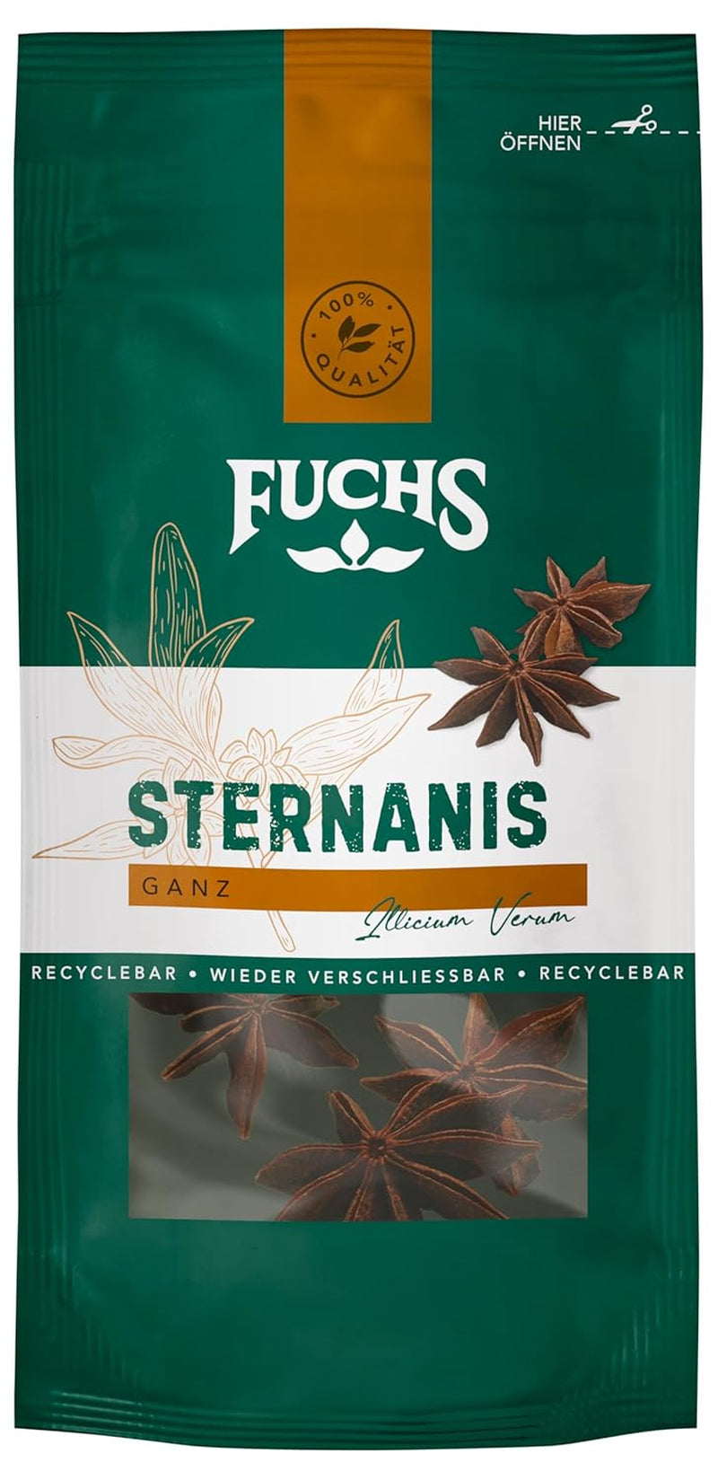 Fuchs Gewürze - Sternanis ganz | Aus natürlichen Zutaten | 9 g im wiederverschließbaren, recyclebaren Beutel