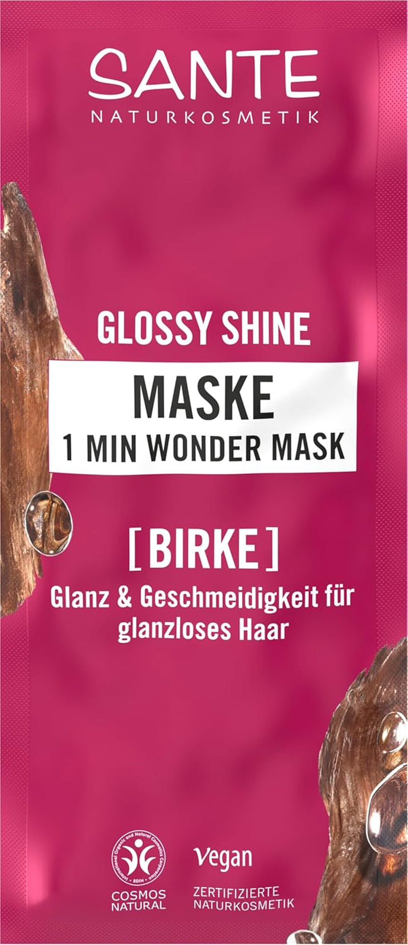 SANTE Naturkosmetik Glossy Shine 1 Min Wonder Mask, soin en profondeur pour cheveux ternes avec extrait de feuille de bouleau biologique et complexe protéique 3x pour 3x plus de brillance et de souplesse, végétalien, 20 ml Naty Shop Hair Mask Default title