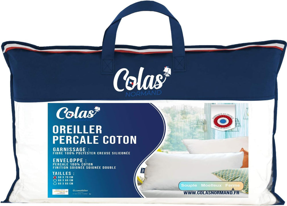 Oreiller, Coton, Percale, 50 X 70 cm, Finition Fine, Confort, Percale, 100% Coton, Haute Qualité, Doux, Fabriqué en France, Blanc 73130220 Naty Shop Oreillers Standard Titre par Défaut