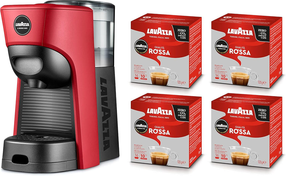 Lavazza, Espressor A Modo Mio Tiny Eco Red avec 64 capsules, Espressor en plastique recyclé, 1450 W, 220-240 V, 50/60 Hz, 0,6 litres