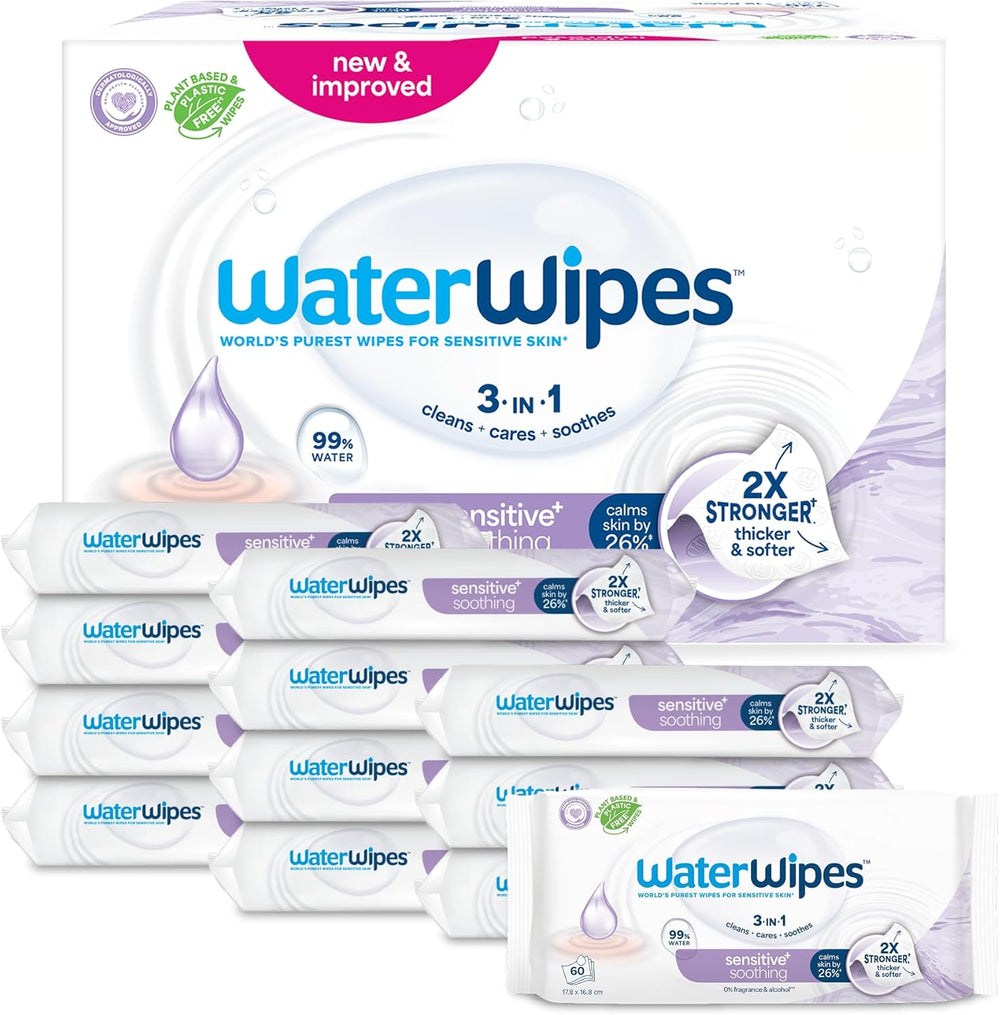 WaterWipes Sensitive+ Lingettes humides apaisantes, 720 unités (paquet de 12), 3 en 1 nettoyantes, soignantes et apaisantes, 99 % d'eau avec extrait de plante, lingettes humides pour bébé sans parfum