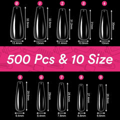Alyvisun Lot de 500 faux ongles en acrylique à couverture complète avec 240 autocollants pour ongles, 10 tailles de pointes d'ongles en gel transparent, pointes d'ongles en gel souple, pointes d'ongles ballerine