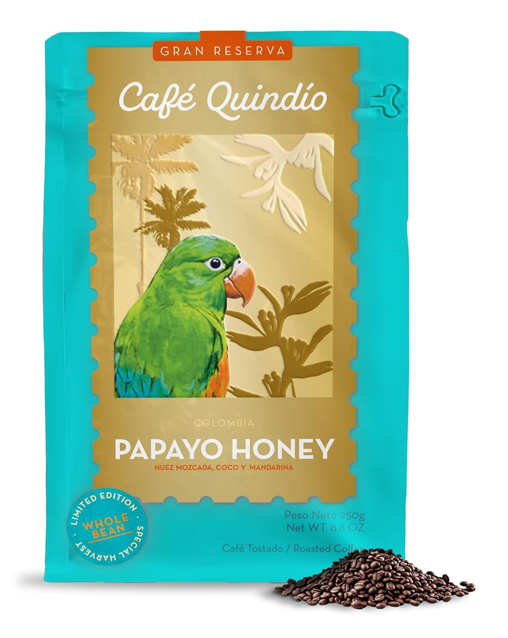 Café Quindio Papayo Honey Specialty Coffee - Café en grains 100% Arabica d'origine unique Colombie - aux notes naturelles de muscade, noix de coco et mandarine (250g) - idéal pour Chemex