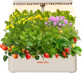 Kit sistem de creștere hidroponică cu 12 capsule, lampă LED de 24W pentru grădină de interior, rezervor de apă de 4L cu pompă silențioasă, jardinieră cu înălțime reglabilă pentru plante aromatice, kit de grădinărit de interior, cadouri de grădinărit, bej