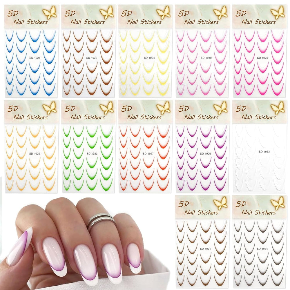 12 pièces French Tip Nagelsticker Selbstklebend Bunte French Nails Schablone Nagelaufkleber Nail Art Stickers Nageldesign DIY Nägel Zubehör(12 Farben)
