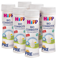 Formulă combiotică organică HiPP PRE, gata de băut (6 x 200 ml), lapte pentru sugari de la naștere, conține doar lactoză ca și carbohidrat, de cea mai bună calitate organică