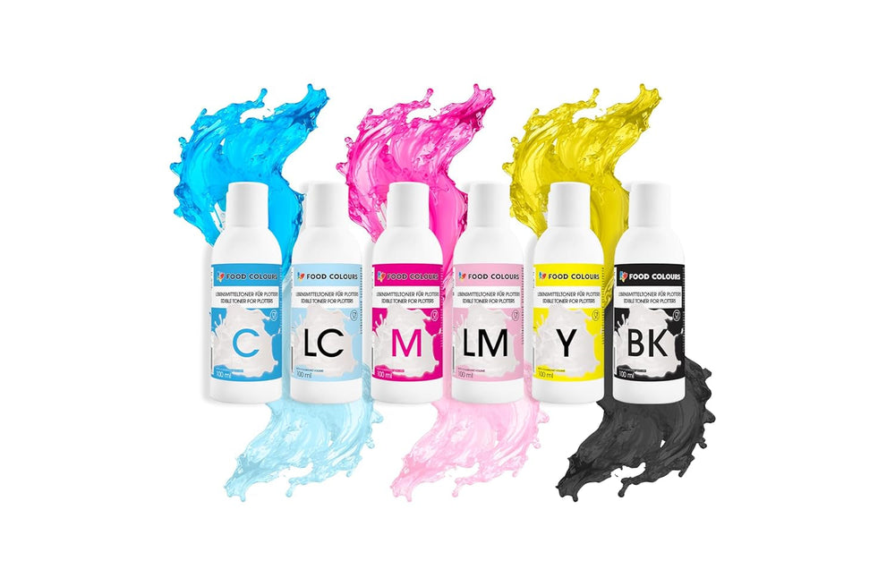Set de colorants alimentaires avec encres comestibles pour traceurs 6 x 100 ml | Cyan clair | Cyan | Magenta clair | | Magenta | Jaune | Noir | Impression comestible, impression sur papier gaufré, garniture de gâteau décorative