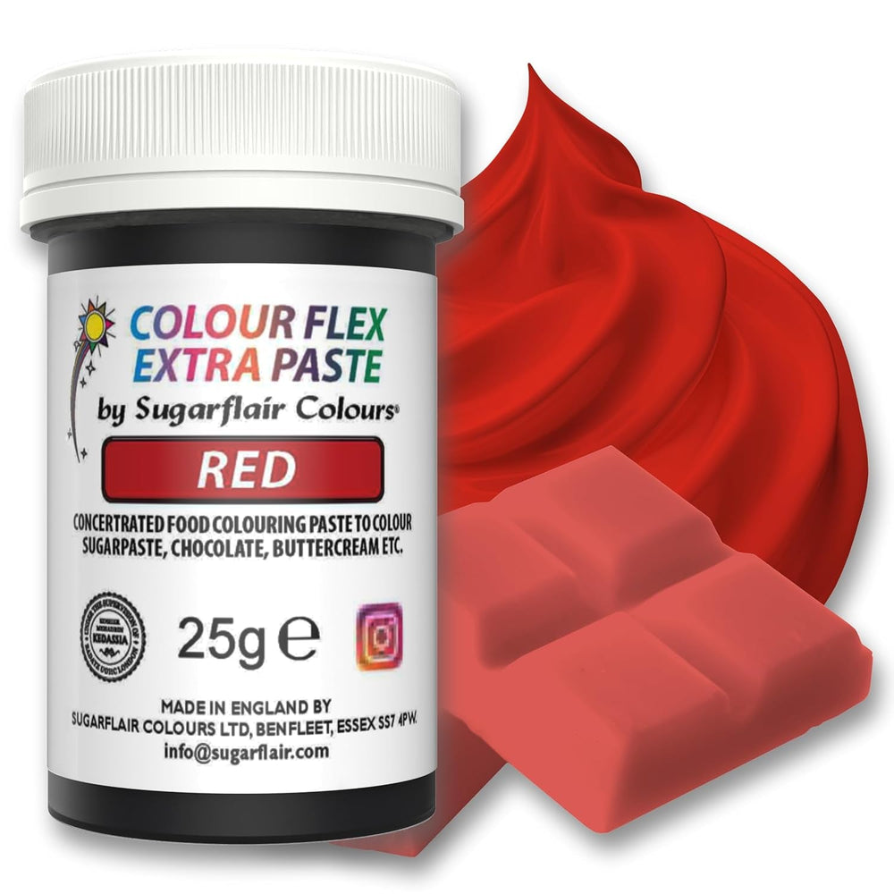 Colorant alimentaire Sugarflair Colourflex Extra Paste, rouge - Colorant alimentaire comestible pour crème au beurre, chocolat, pâte à sucre, glaçage, fondant, mélanges à gâteaux, pâte et plus - 25g