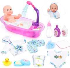 deAO Ensemble de Baignoire pour Poupée, Poupée Interactive de 33 cm, Bain de Poupée, Ensemble de Jeu pour Poupée avec Tétine, Vêtements de Poupée, Peignoir, Couches de Poupée, Baignoire et Douchette Fonctionnelle