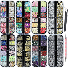 8 boîtes Nail Art Strass Kit - Nail Art Gemischt Strass Set, Nagel Kunst Strasssteine Gems Perlen Edelsteine Bunt Pferdeaugen Strass pour Nageldesign Zubehör Mit 1 Pinzetten et 1 Strass Picker pour DIY