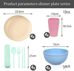 Ensemble de couverts de camping en plastique pour 4 personnes, réutilisables, indestructibles, assiettes, tasses, bols et couverts légers, respectueux de l'environnement, réutilisables, passent au micro-ondes et au lave-vaisselle