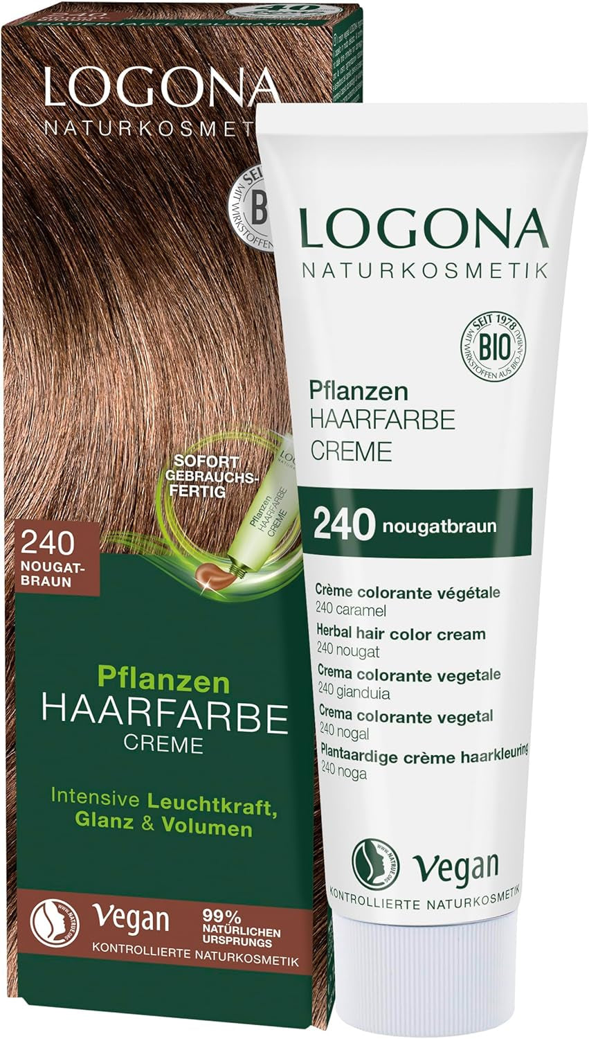 LOGONA Natural Cosmetics Plant Hair Color Cream 240 Nougat Brown, Teinture naturelle pour cheveux bruns au henné, crème colorante pour tons bruns, coloration pour cheveux foncés, 150 ml Teinture capillaire Naty Shop 240 Nougat Brown