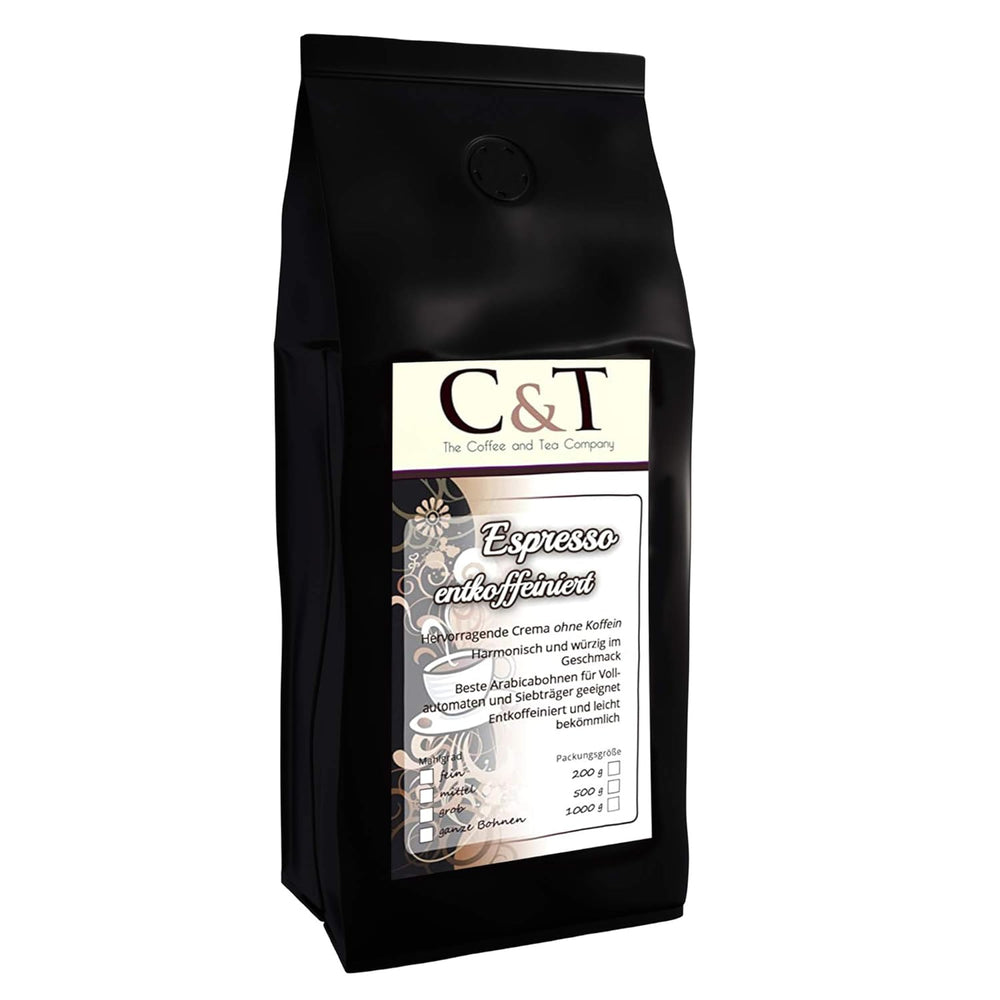 Kaffeebohnen Entkoffeiniert - CREMA - 1000g Fein Gemahlen - für Espressokocher, Espressomaschine, Percolator - Schonend Gerösteter Bohnen-Kaffee Säurearm Ohne Koffein Blend