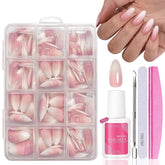 Ensemble de faux ongles – 240 pièces de faux ongles français à coller – Rose blanc dégradé design ongles artificiels couverture complète en gel doux naturel et confortable à porter (rose amande)