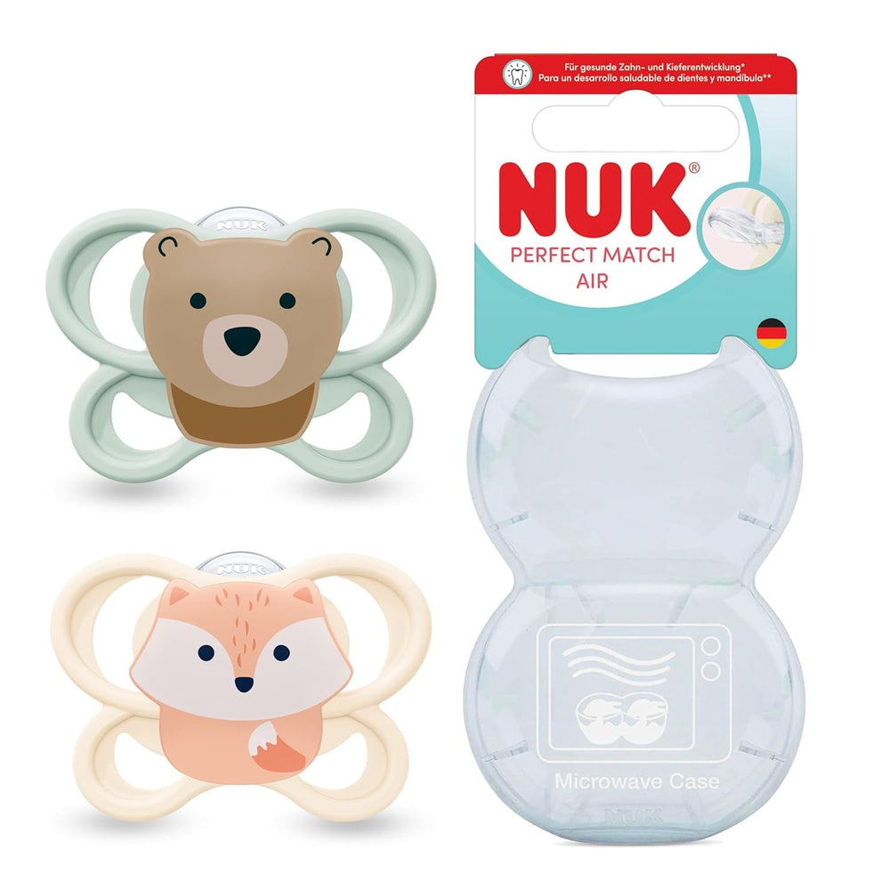 Sucettes NUK Perfect Match Air pour bébés | 0-6 mois | Sucettes orthodontiques qui favorisent la circulation de l'air et empêchent la bave | 95 % d'acceptation par les bébés** | Renard/ours en peluche | Paquet de 2