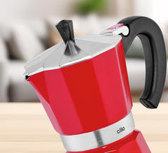 Machine à expresso Cilio Classico pour 6 tasses | électrique 480W | Ø 11,5 cm Hauteur : 25 cm | aluminium | rouge | table de cuisson intégrée | avec fonction de rétention de chaleur et filtre réducteur | pour voyager ou camper