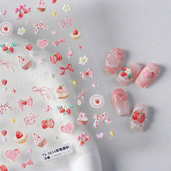 JMEOWIO 3D Nagelsticker Rosa Nail Art Sticker Selbstklebend Nagelaufkleber 5D Stereoskopisch Kuchen Erdbeerschleife Dekoration Nageldesign Zubehör 1 Blatt