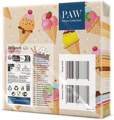 PAW - Serviettes 3 Plis (33 X 33 Cm) I 20 Pièces I Parfaites pour les Fêtes, Anniversaires, Vacances I Décorations de Table pour Fêtes d'Enfants - Serviettes en Papier à Motifs Colorés - Glace I Glace