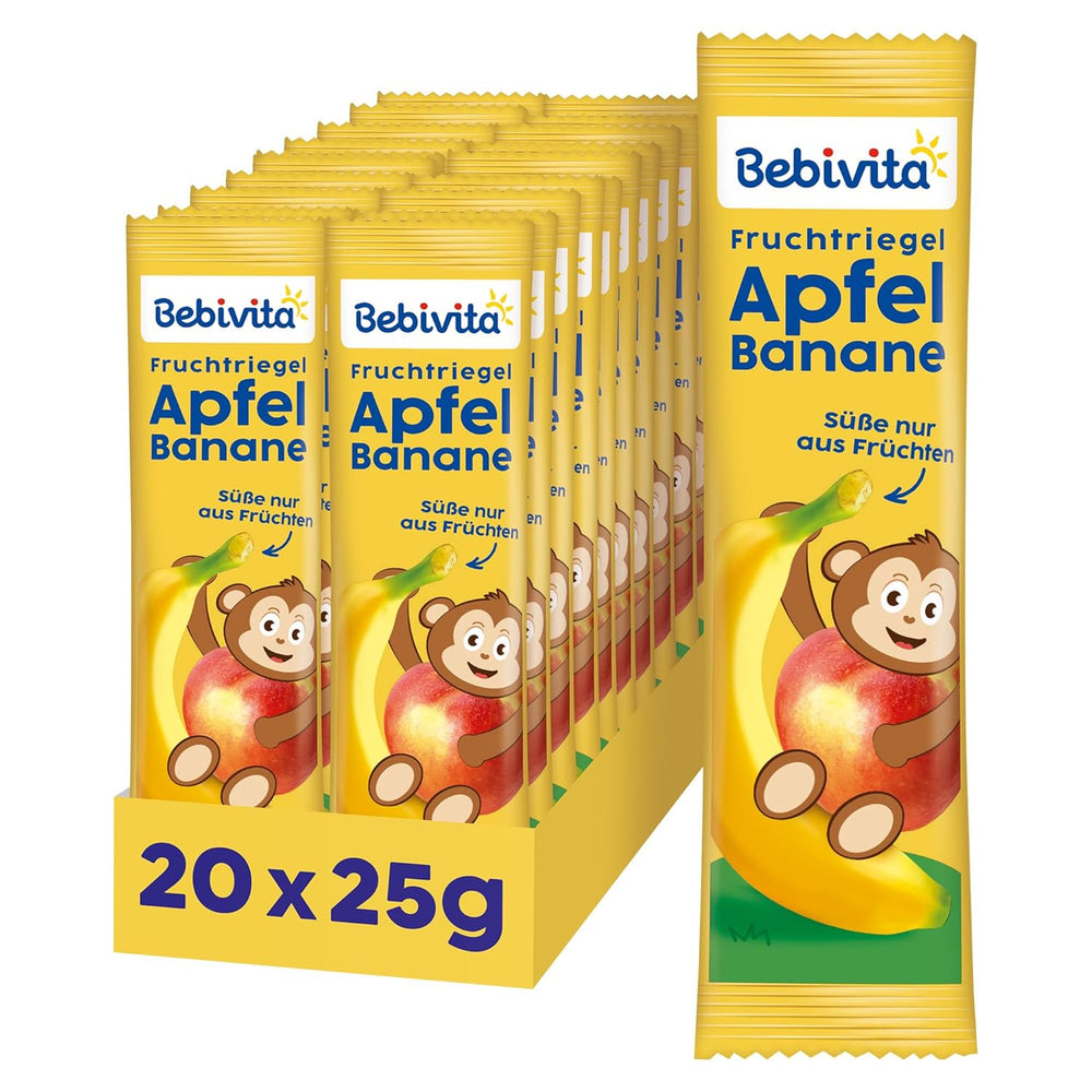 Barres pomme et banane (20 x 25g), sucrées uniquement avec des fruits, parfaite collation entre les repas, préparées à partir d'ingrédients strictement contrôlés et sélectionnés.
